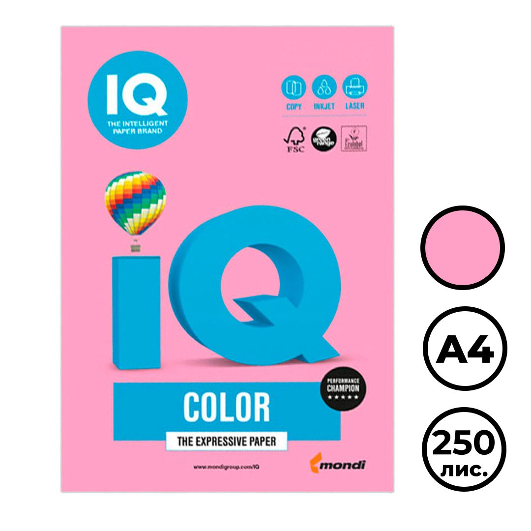 Бумага IQ Color Pale, А4, 160 г/м2, 250 листов, розовая / Бумага цветная