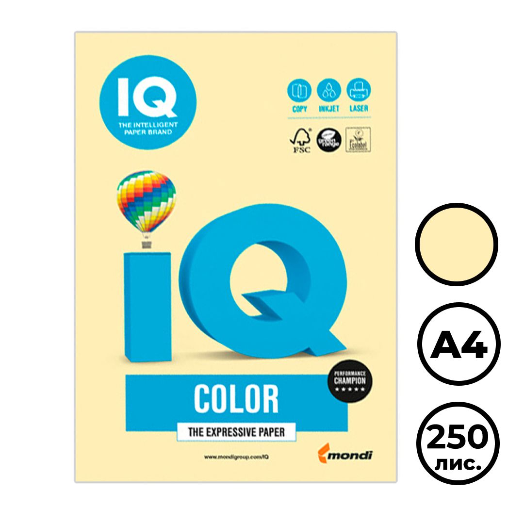 Бумага IQ Color Pale, А4, 160 г/м2, 250 листов, желтая / Бумага цветная