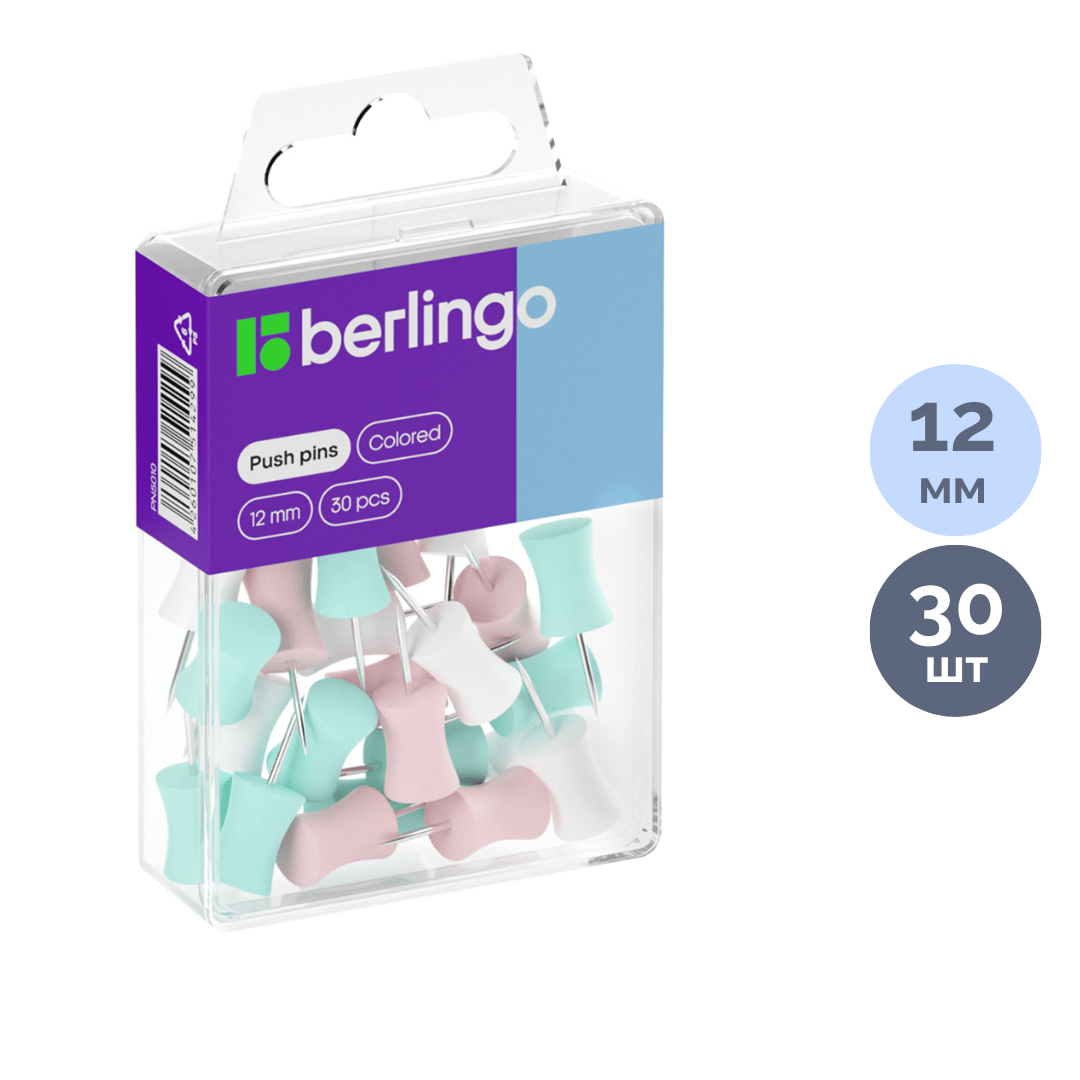 Күштік батырмалар Berlingo, пластик, ассорти, 30 дана/қапт / Тығын тақтаға арналған батырмалар, түйреуіштер