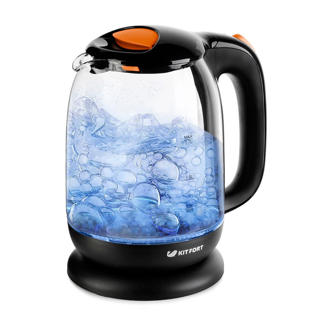 Электрический чайник Kitfort KT-625-3, 1,7 л, стекло, черно-оранжевый / Чайники	