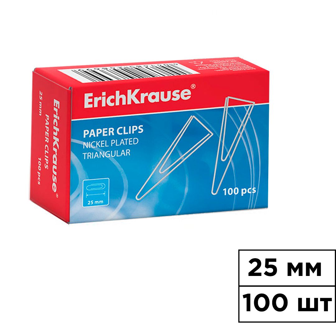 Скрепки канцелярские Erich Krause, 25 мм, 100 шт., металлические, треугольные / Скрепки канцелярские