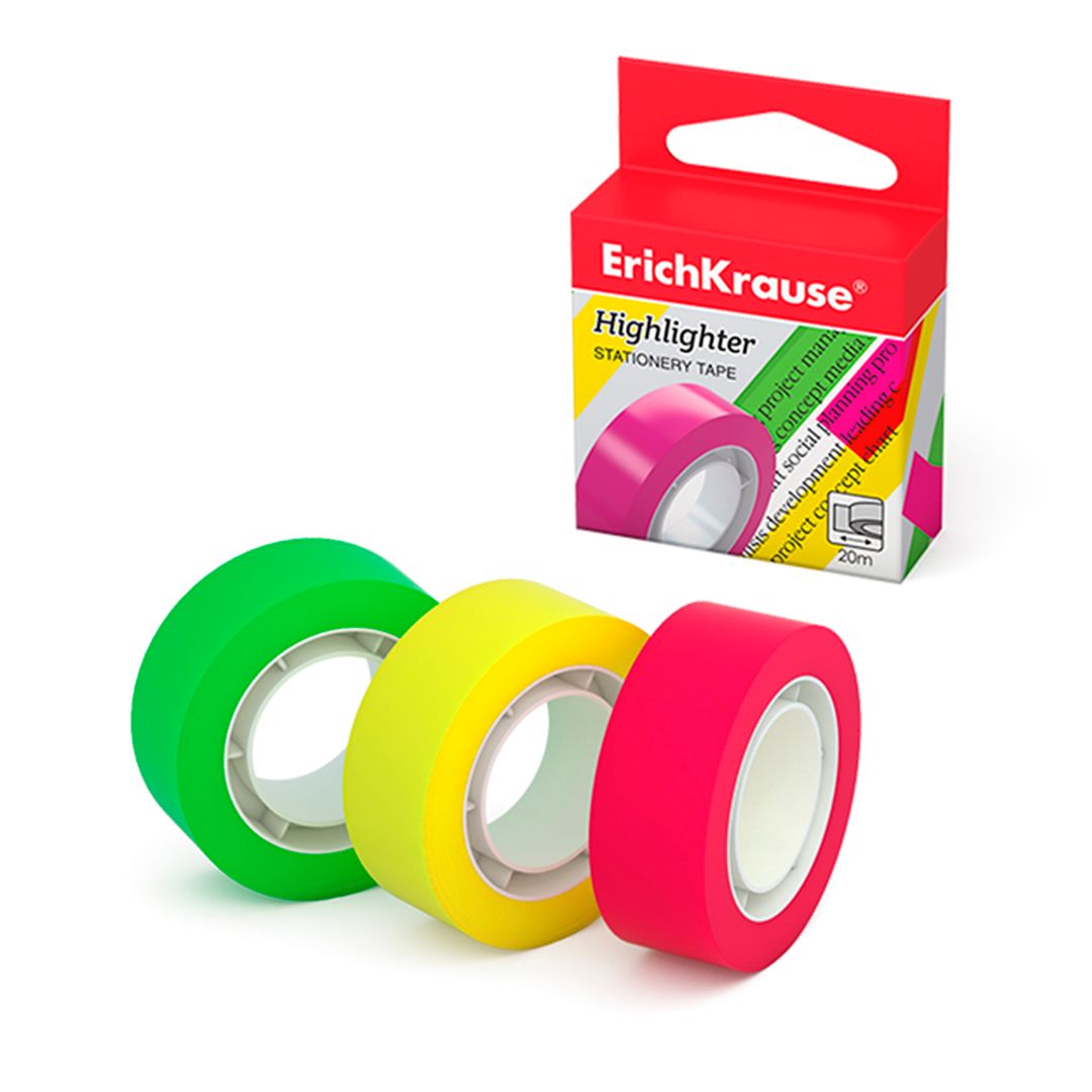 Клейкая лента Erich Krause "Highlighter", размер 18 мм*20 м, ассорти, цена за штуку / Канцелярские ленты №4