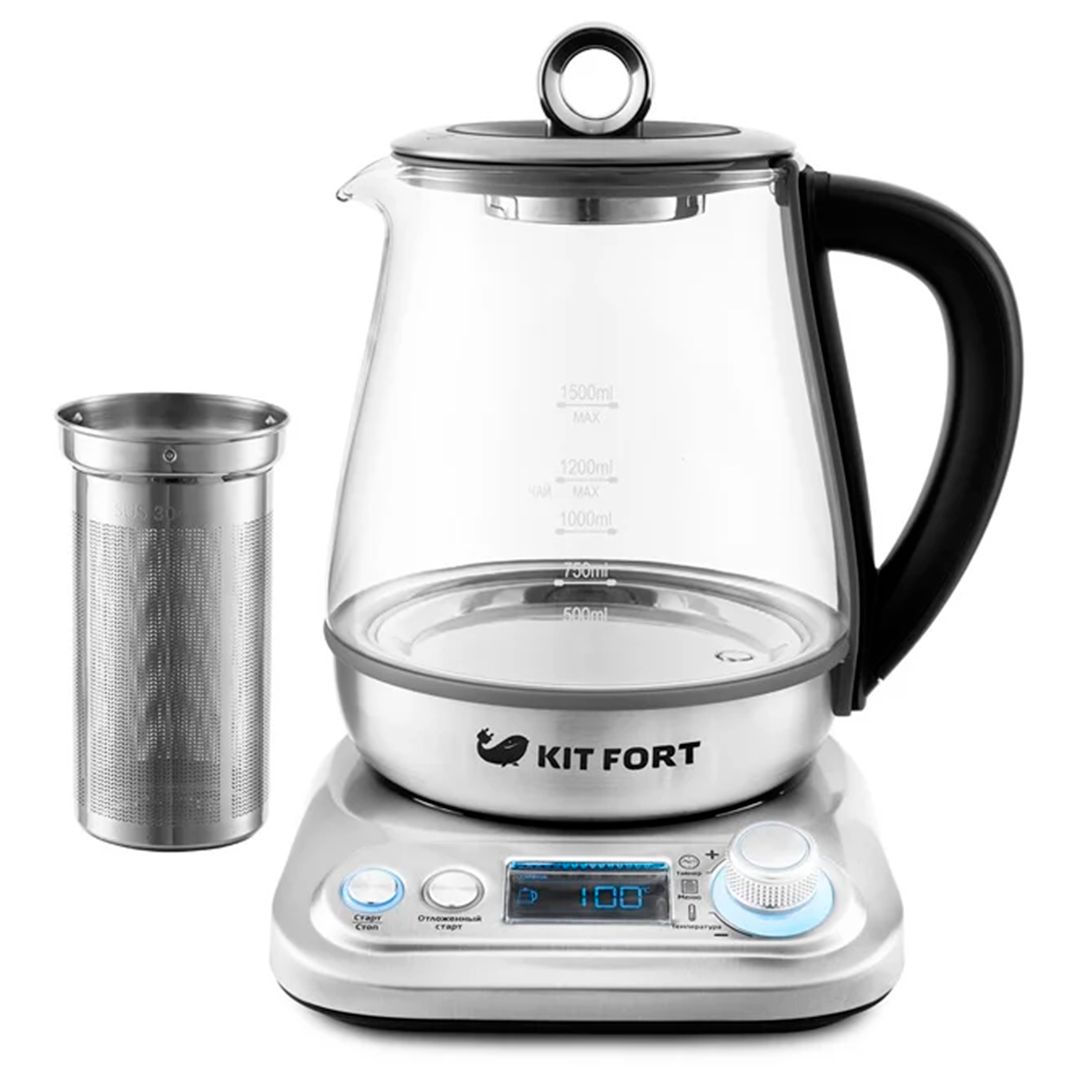 Электрический чайник Kitfort KT-646, 1,5 л, стекло, стальной/черный / Чайники №5 oe.kz Электрический чайник Kitfort KT-646, 1,5 л, стекло, стальной/черный / Чайники №5