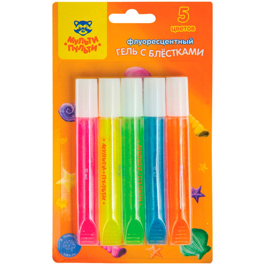 Гель с блестками Мульти-Пульти "Приключения Енота", флуоресцентный, 5 цветов, 10 мл / Творчество / Хобби	