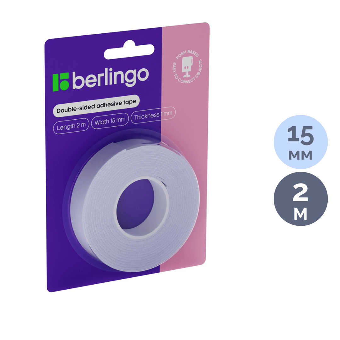 Екі жақты жабысқақ таспа Berlingo, өлшемі 15 мм*2 м, көбік негізінде, ақ / Монтажды және арнайы таспалар