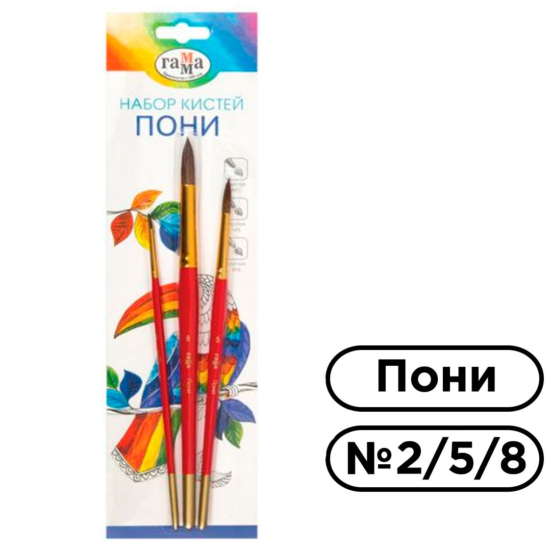 Набор кистей Гамма, №2, 5, 8, круглые, пони, 3 шт. / Кисти для акварели и гуаши