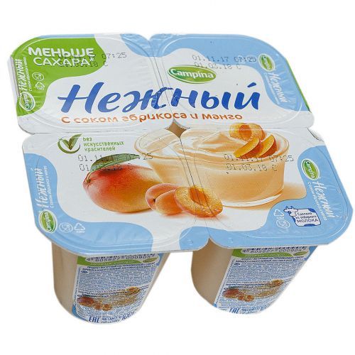 Йогурт Campina "Нежный", с соком аброкиса и манго, 4 шт. по 100 гр / Молоко и сливки