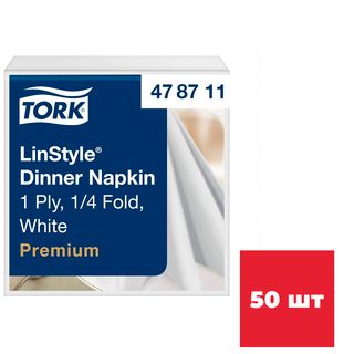 Салфетки Tork "Premium Linstyle", 1-слойные, 50 шт., размер листа 39*39 см, белые / Салфетки бумажные
