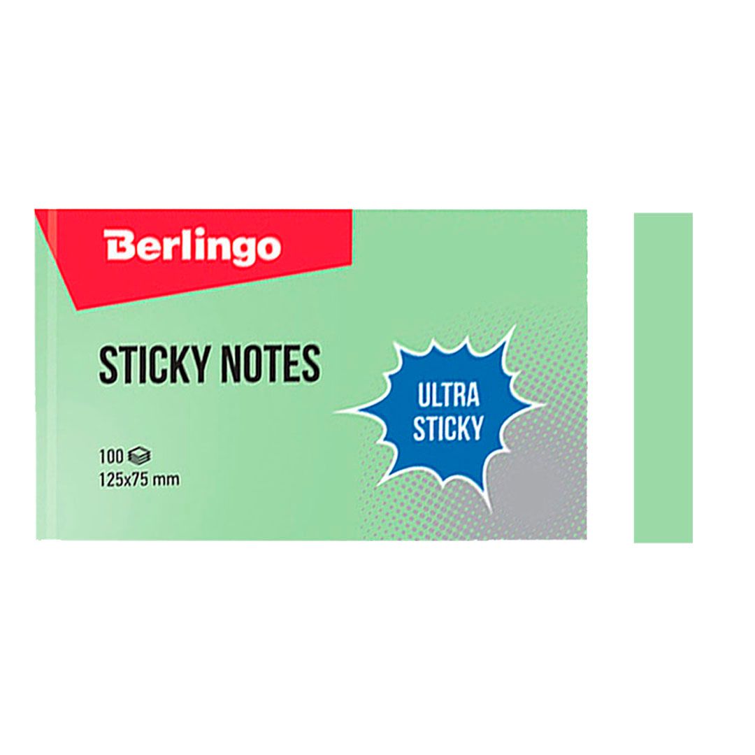 Блок самоклеящийся 125*75 мм, Berlingo "Ultra Sticky", зеленый, 100 листов / Блоки самоклеящиеся