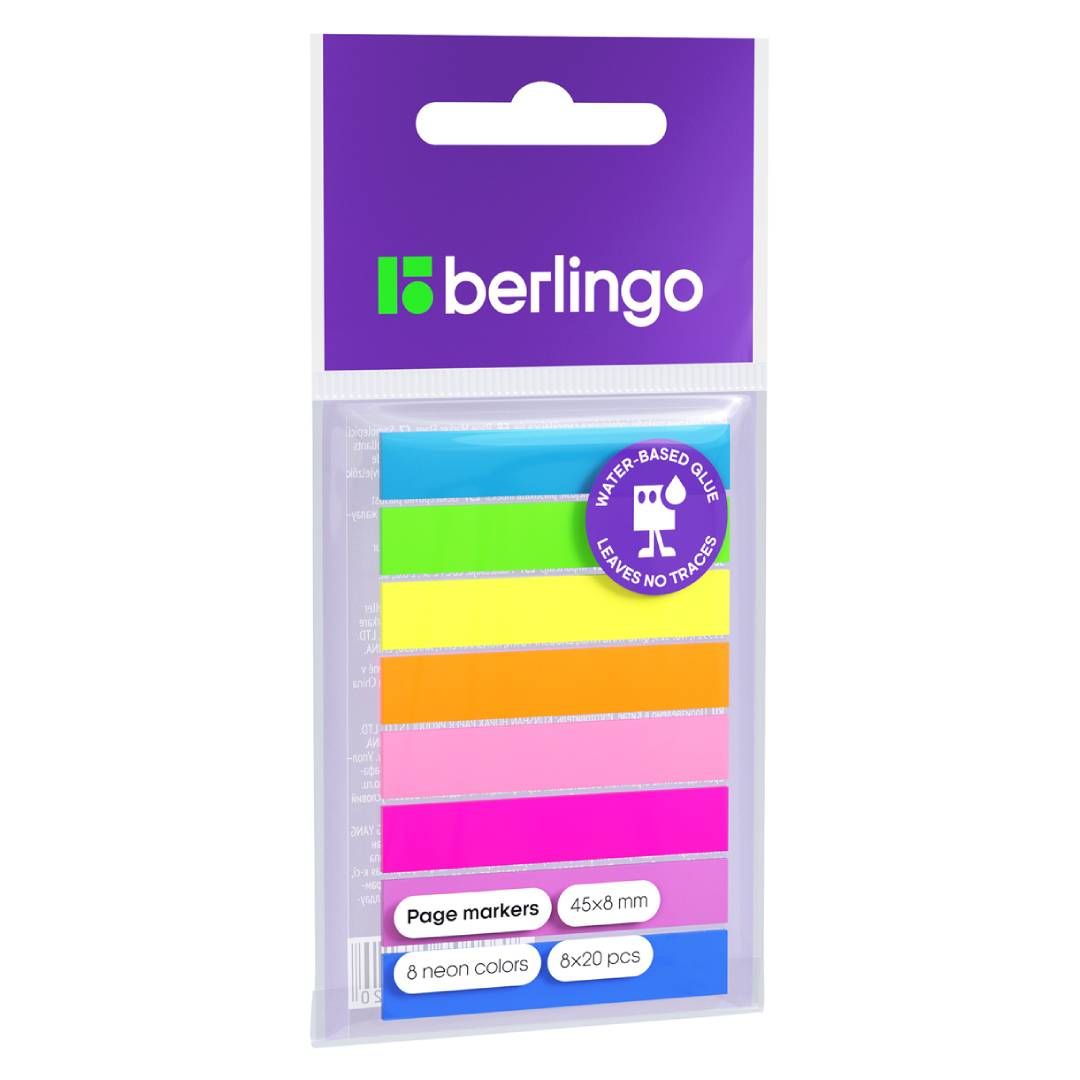 Закладки самоклеящиеся Berlingo, пластиковые, 45*8 мм, 8 неоновых цветов, 160 листов / Закладки самоклеящиеся №2
