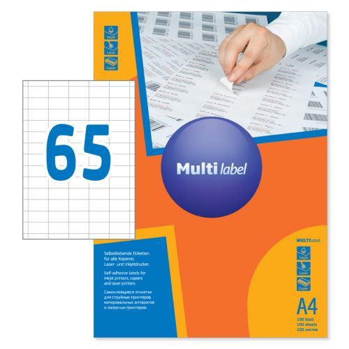 Этикетка самоклеящаяся Multilabel, A4, размер 38*21,2 мм, 65 этикетки, 100 листов / Самоклеящиеся этикетки универсальные