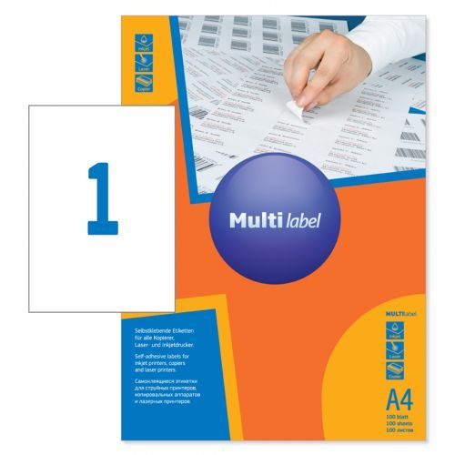 Этикетка самоклеящаяся Multilabel, A4, размер 210*297 мм, 1 этикетка, 100 листов / Самоклеящиеся этикетки универсальные