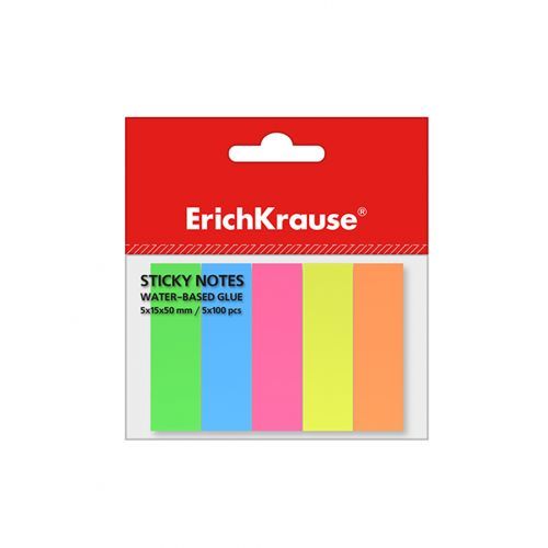 Закладки самоклеящиеся Erich Krause, бумажные, 50*15 мм, 5 цветов НЕОН, 500 листов