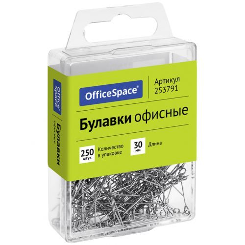 Булавки OfficeSpace, 30 мм, в пластиковой коробке, 250 шт./уп / Кнопки, булавки для пробковых досок