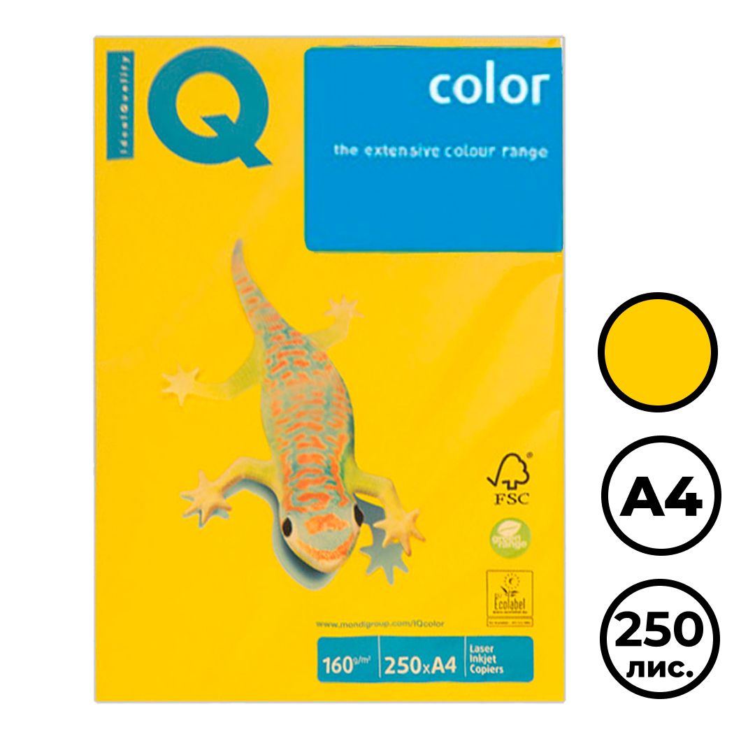 Бумага IQ Color Intensive, А4, 160 г/м2, 250 листов, ярко-желтая