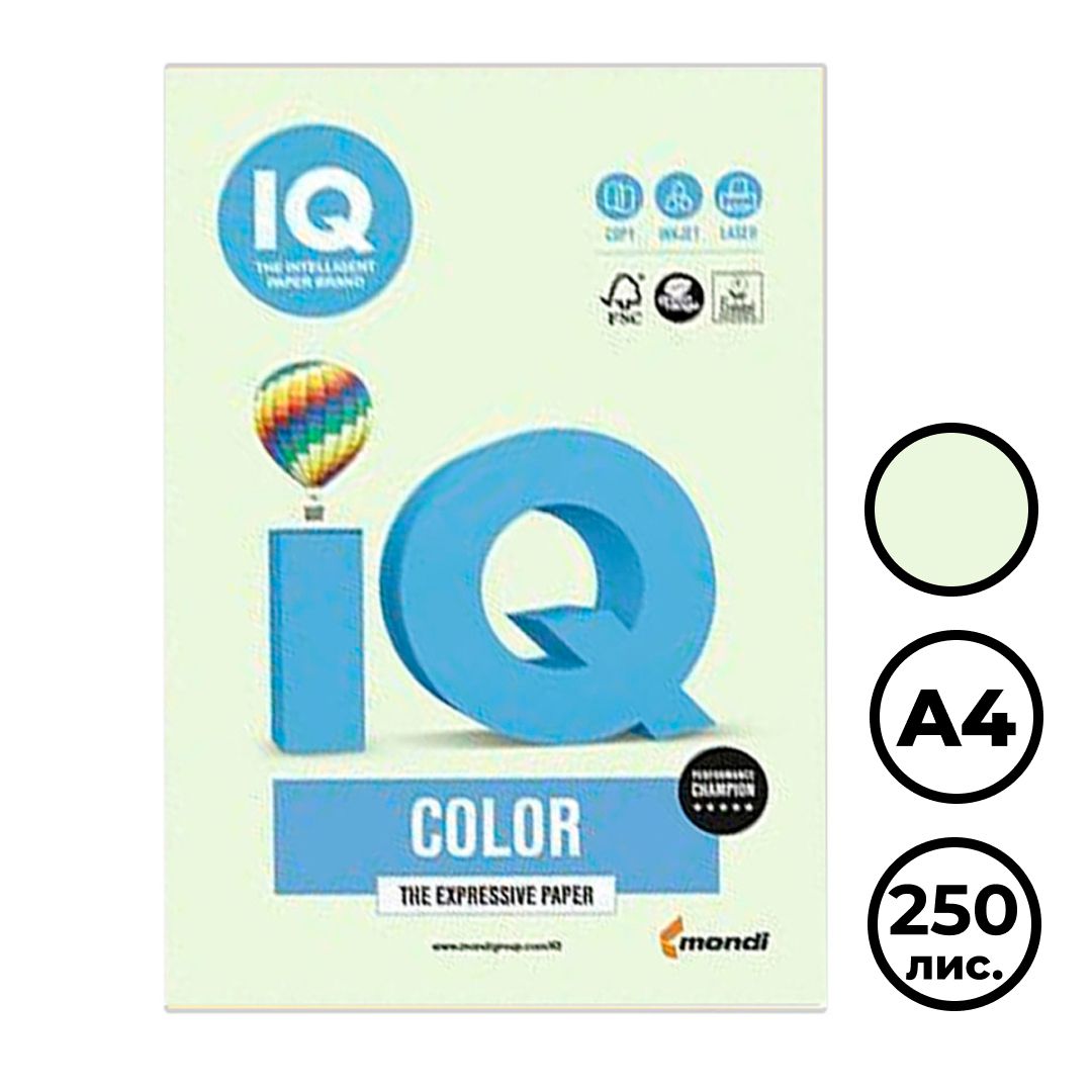 Бумага IQ Color Pale, А4, 160 г/м2, 250 листов, светло-зеленая / Бумага цветная