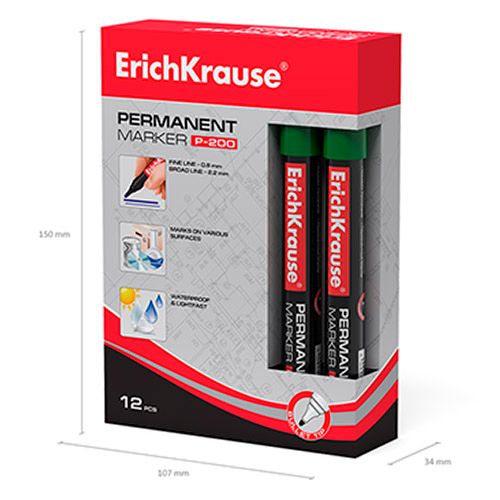 Маркер перманентный Erich Krause P-200, пулевидный наконечник 0,8-2,2 мм, зеленый, цена за штуку / Маркеры перманентные нестираемые №3