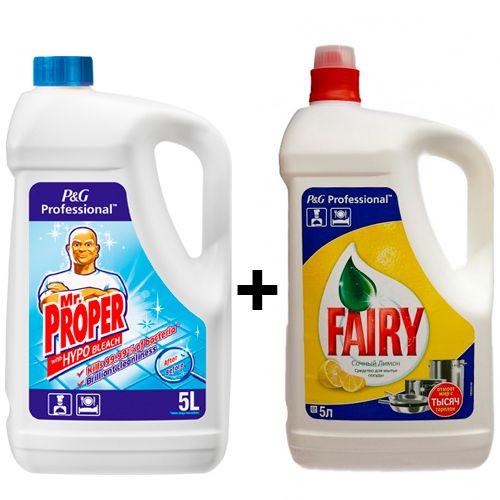 Комплект средств для мытья полов и поверхностей Mr.Proper Универсал, 5 л + Fairy "Сочный Лимон", 5 л / Средства для мытья полов