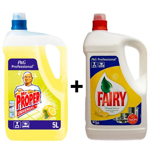 Комплект средств для мытья полов и поверхностей Mr.Proper Лимон, 5 л + Fairy "Сочный Лимон", 5 л / Средства для мытья полов