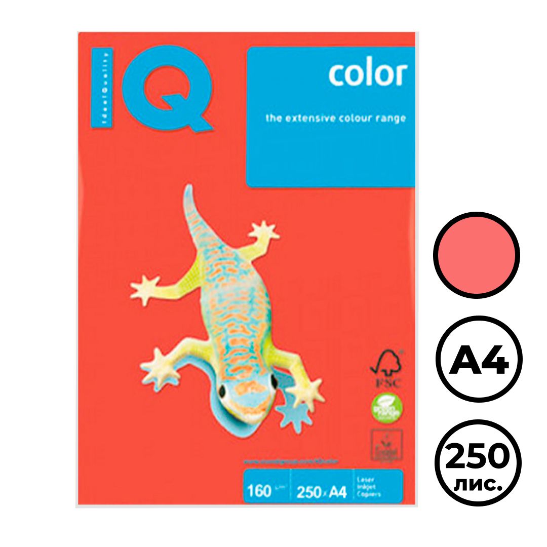 Бумага IQ Color Intensive, А4, 160 г/м2, 250 листов, кораллово-красная / Бумага цветная