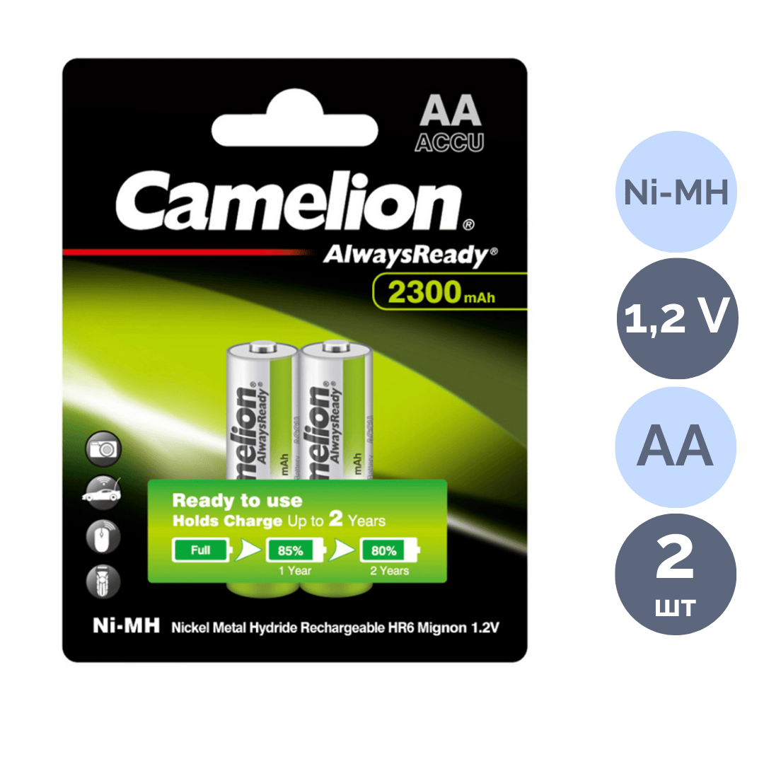 Аккумулятор Camelion AlwaysReady, пальчиковые AA, Ni-MH, 2300 mAh 1.2V, 2 шт, цена за упаковку / Аккумуляторы, зарядные устройства
