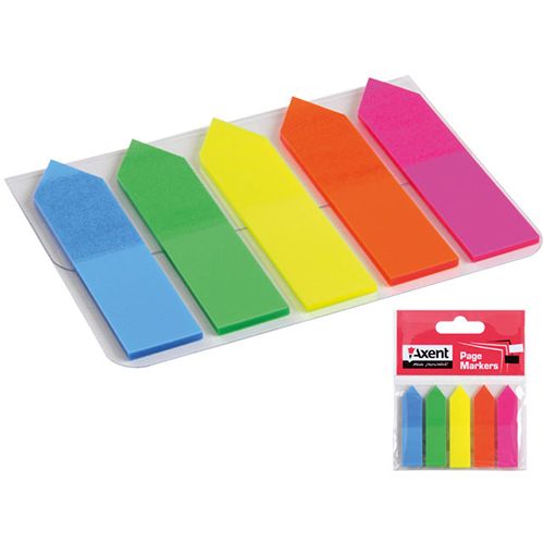Закладки самоклеящиеся Axent НЕОН, пластиковые, 50*12 мм, 5 цв. по 25 л. / Закладки самоклеящиеся
