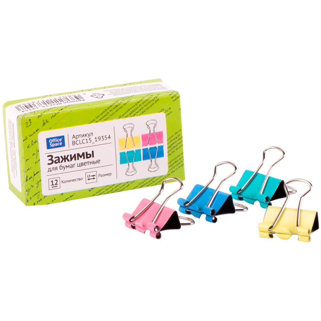 Зажимы для бумаг OfficeSpace, 15 мм, 12 шт., цветные / Зажимы для бумаг №2
