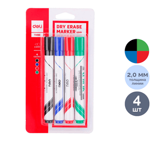 Тақтаға арналған маркерлер жинағы Deli "EU00101", ұшы дөңгелек, 2 мм, ассорти, 4 түс / Тақтаға арналған маркерлер