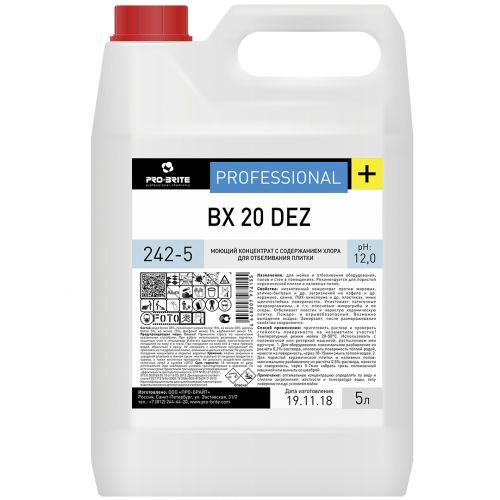 Моющий концентрат для отбеливания плитки Pro-Brite" BX 20 DEZ", с содержанием хлора, 5 л / Профессиональная химия