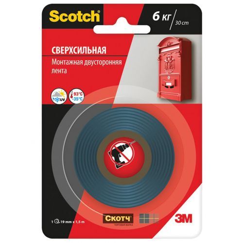 Монтажная лента 3М "Scotch", сверхсильная, ширина ленты 19 мм, длина намотки 1,5 м / Монтажные и специальные ленты
