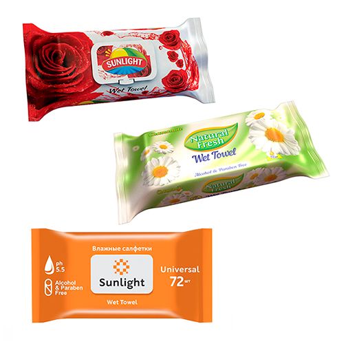 Салфетки влажные Sunlight, 72 штук в упаковке, ассорти / Салфетки влажные косметические