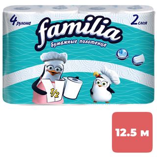 Қағаз сүлгілер Familia, 2 қабатты, қаптамада 4 орам, 12,5 м, ақ / Тұрмыстық сүлгілер