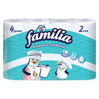Полотенца бумажные Familia, 2-х слойные, 4 рулона в упаковке, 12,5 м, белые / Полотенца бытовые
