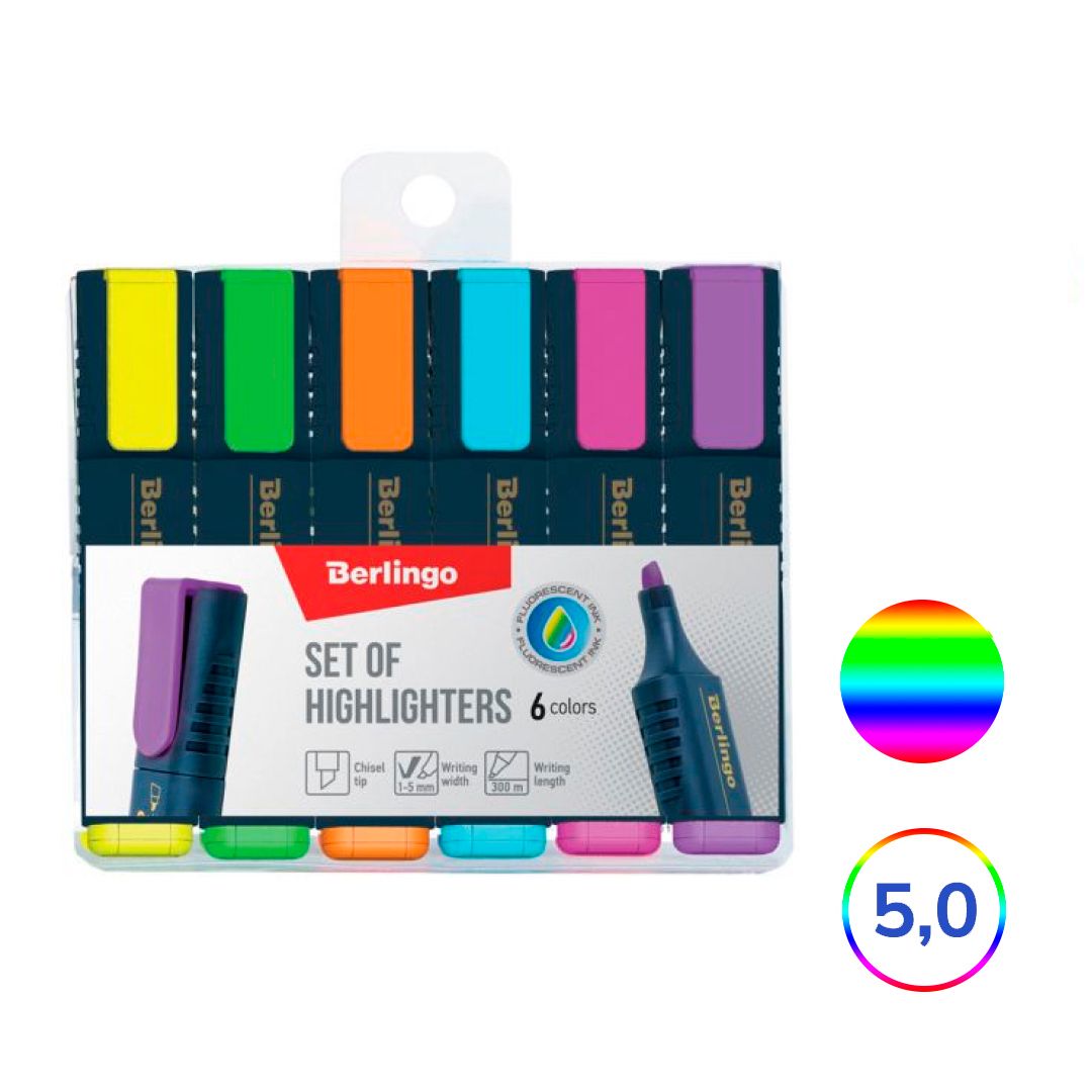Набор текстмаркеров Berlingo, скошенный наконечник 1-5 мм, 6 цветов / Текстовыделители
