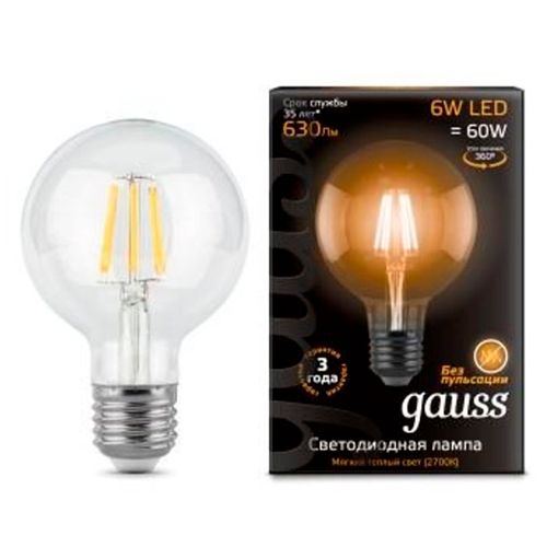 Лампа светодиодная Gauss LED Filament G95 6W E27 2700K, теплый белый, форма шар / Лампы светодиодные oe.kz Лампа светодиодная Gauss LED Filament G95 6W E27 2700K, теплый белый, форма шар / Лампы светодиодные