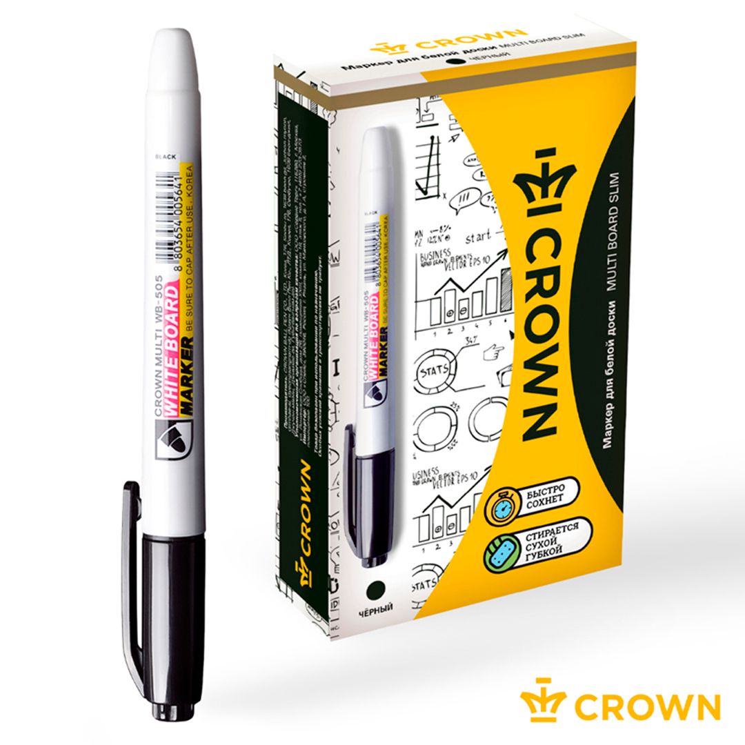 Маркер для доски Crown "Multi Board Slim", пулевидный наконечник, 2 мм, черный, цена за штуку / Маркеры для досок №4