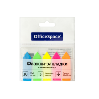 Закладки самоклеящиеся OfficeSpace, пластиковые, 45*12 мм, 5 неоновых цветов, 100 листов, стрелки  / Закладки самоклеящиеся