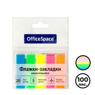 Закладки самоклеящиеся OfficeSpace, пластиковые, 45*12 мм, 5 неоновых цветов, 100 листов / Закладки самоклеящиеся