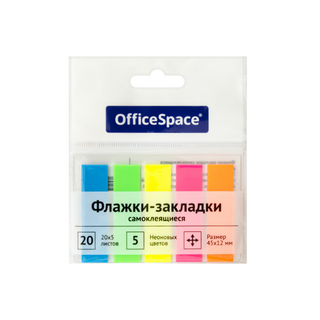 Закладки самоклеящиеся OfficeSpace, пластиковые, 45*12 мм, 5 неоновых цветов, 100 листов / Закладки самоклеящиеся