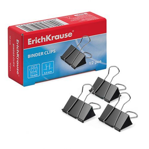 Зажимы для бумаг Erich Krause, 15 мм, 12 шт., черные / Зажимы для бумаг