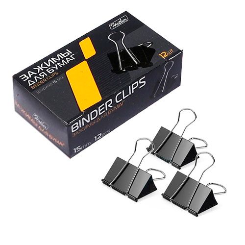 Зажимы для бумаг Hatber, 15 мм, 12 шт., на 30 листов, черные / Зажимы для бумаг