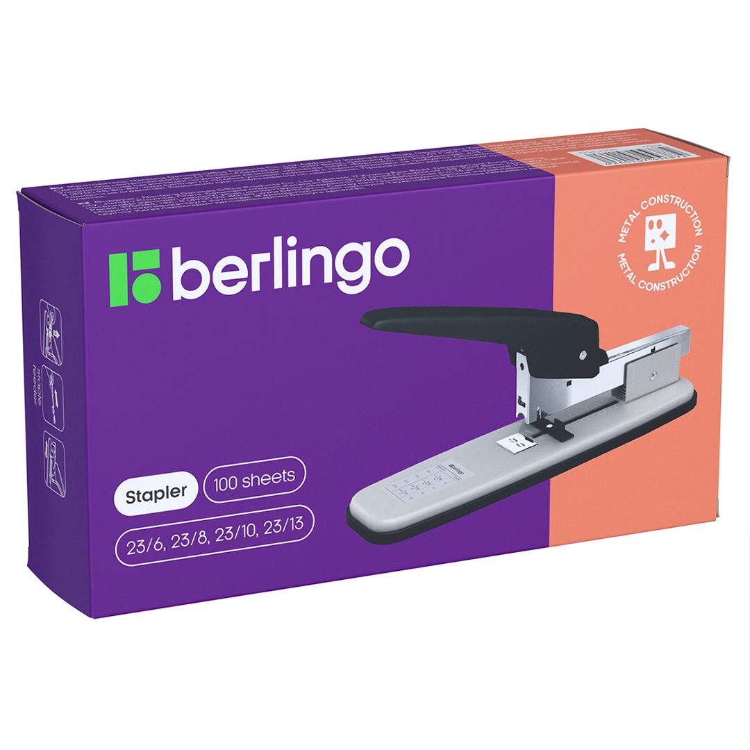 100 параққа дейін қапсырмалағыш степлер, Berlingo, №23/6, 23/8, 23/10, 23/13, металл, қара/сұр / Степлерлер №2