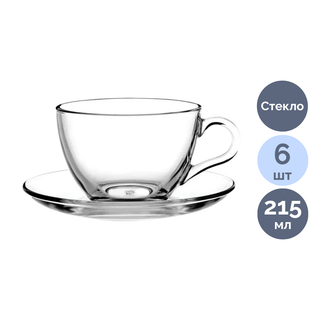 Тәрелкесі бар шай кесе Pasabahce "Бэйсик", 215 мл, шыныдан, мөлдір, 6 адамға арналған / Асхана ыдыстары