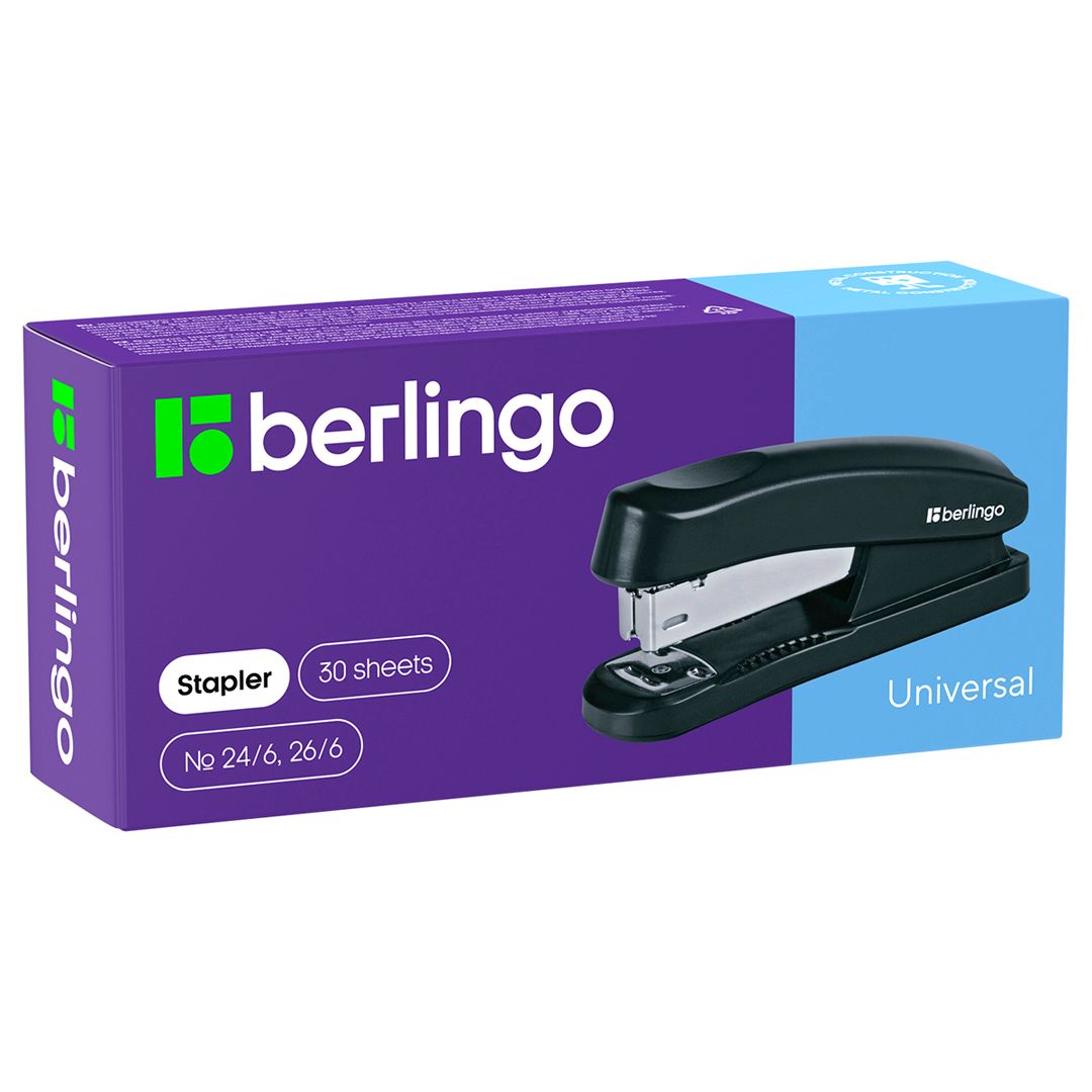 30 параққа дейін қапсырмалағыш степлер, Berlingo "Universal", №24/6, 26/6, пластик, қара / Степлерлер №2