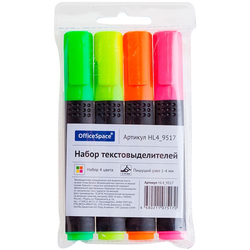 Набор текстмаркеров OfficeSpace, скошенный наконечник 1-4 мм, 4 цвета, чехол с европодвесом / Текстовыделители oe.kz Набор текстмаркеров OfficeSpace, скошенный наконечник 1-4 мм, 4 цвета, чехол с европодвесом / Текстовыделители