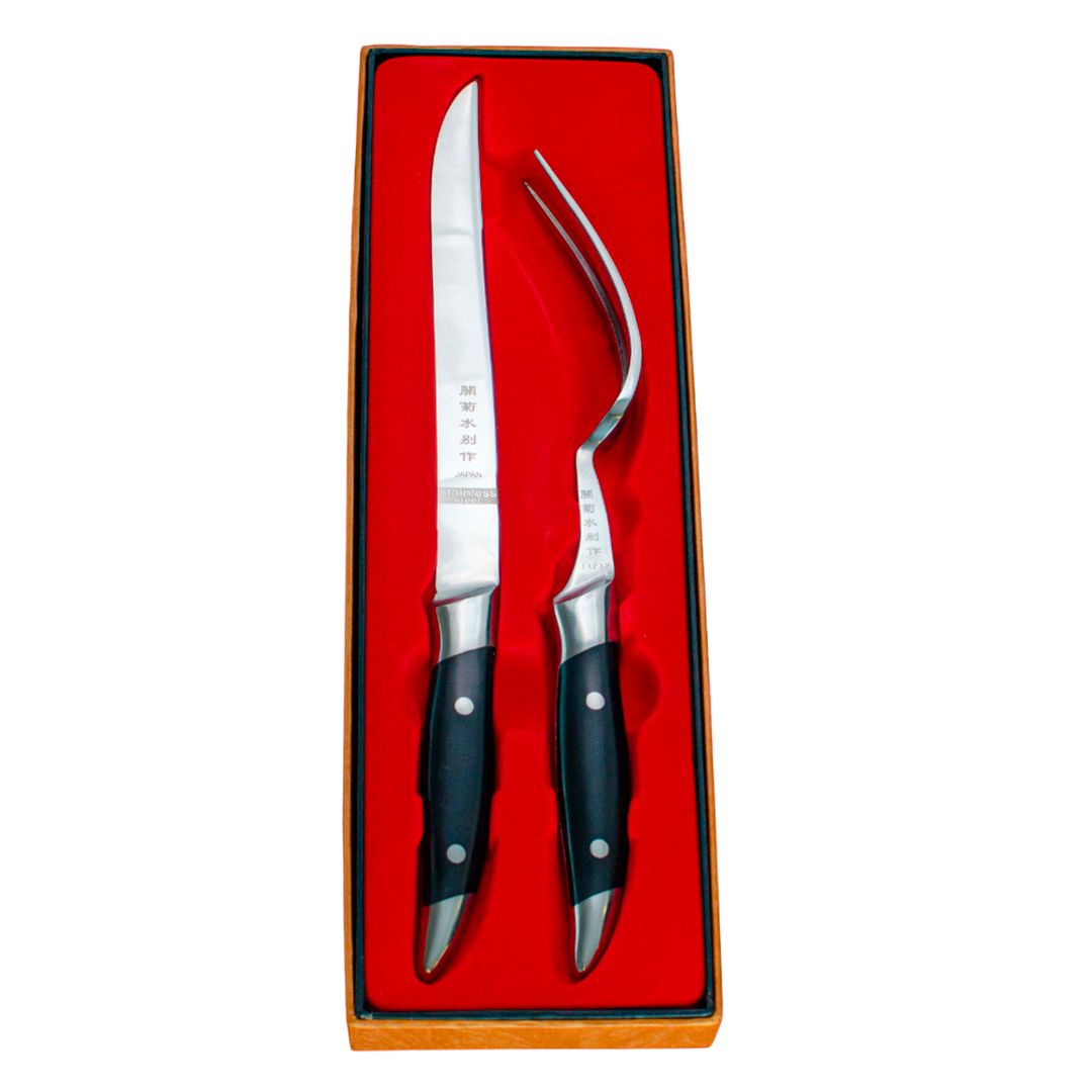 Нож и вилка для мяса Yiwumart, набор, длина 205 мм, толщина 2,5 мм, сталь, серебристо-черный / Посуда столовая