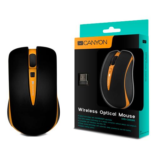 Мышь беспроводная оптическая Canyon CNS-CMSW6O, USB, 4 кнопки, 800/1600 dpi , оранжевый/черный / Мыши беспроводные №2