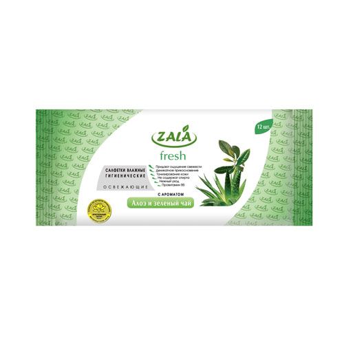 Салфетки влажные Zala fresh, с ароматом алоэ и зеленый чай, 12 штук в упаковке / Салфетки влажные косметические