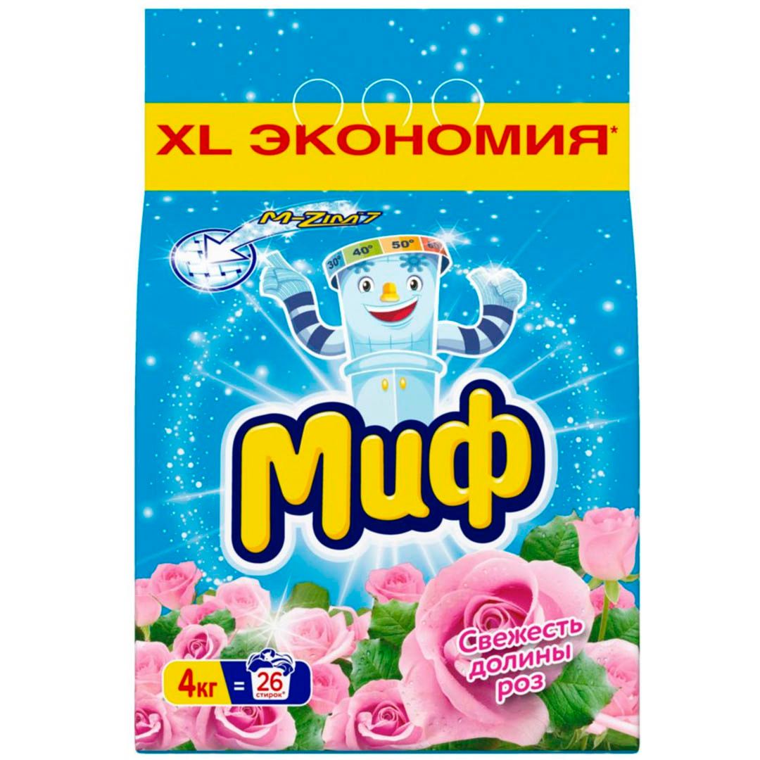 Стиральный порошок Миф 3 в 1 Автомат "Свежесть долины роз", 4 кг, мягкая упаковка / Чистящие средства