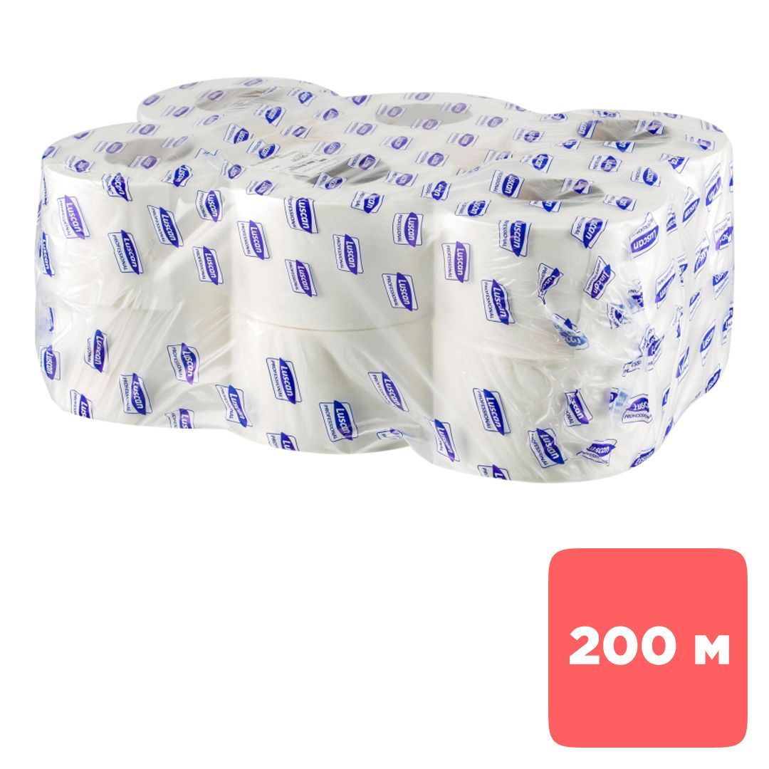 Туалетная бумага рулонная Luscan "Professional", 200 метров, 2-х слойная, 12 рулонов, белая / Бумага туалетная профессиональная